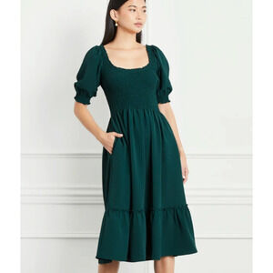 Hill House Louisa XS Nap Dress $218 Puff Shoulder Midi Smocked Cottagecore Green